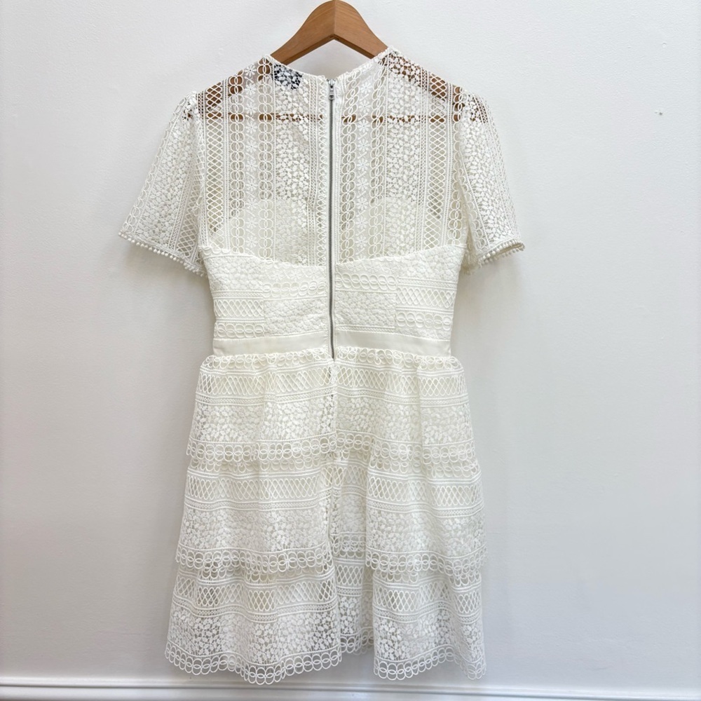 Bardot Crochet Lace Ava Tiered Mini Dress Bridal Bachelorette Ivory Small US 6 - Picture 9 of 14